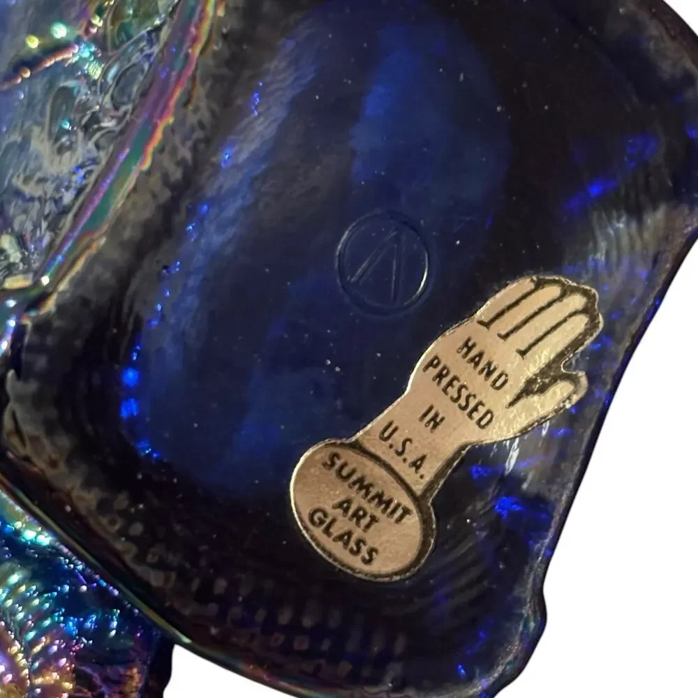 Summit Art Glass Elephant Toothpick Holder Blue Carnival Iridescent Stickered